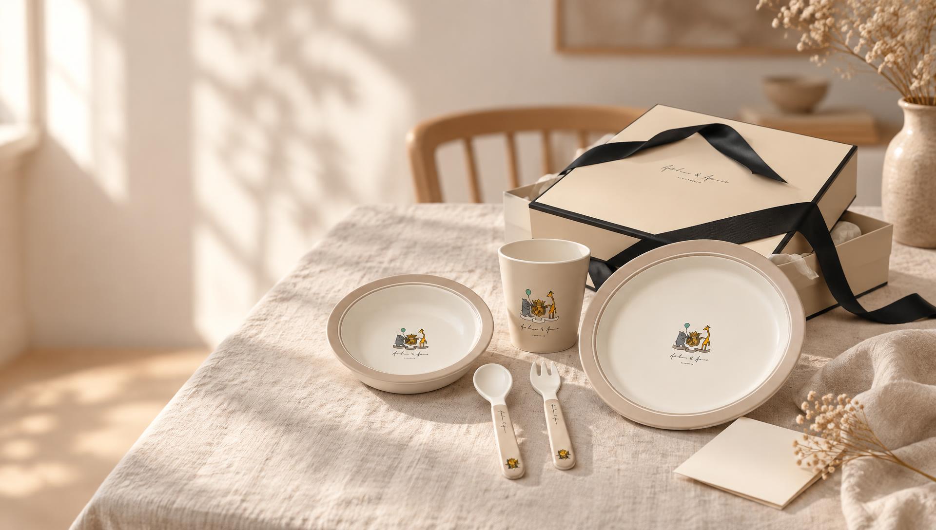 Monogram table set beside the Arthur & Adonis gift box on a linen table